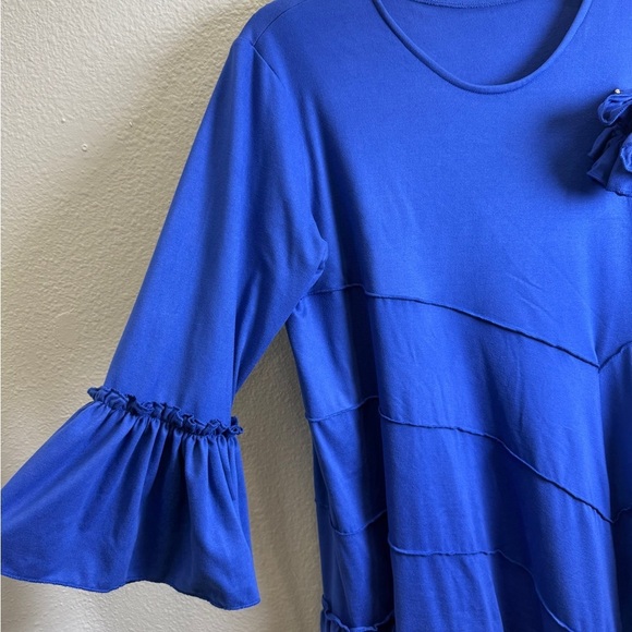 Womens Ruffle Shirt Size XL Blue Ruffled Tunic Top Flower Asymmetrical Blouse - Picture 2 of 4